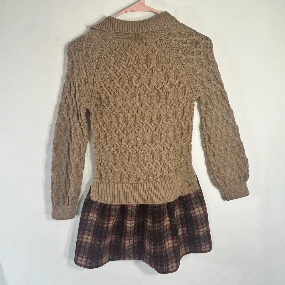 Tommy Hilfiger Cable Knit Sweater Dress Plaid Skirt Button Cowl Neck Tan Girls 7